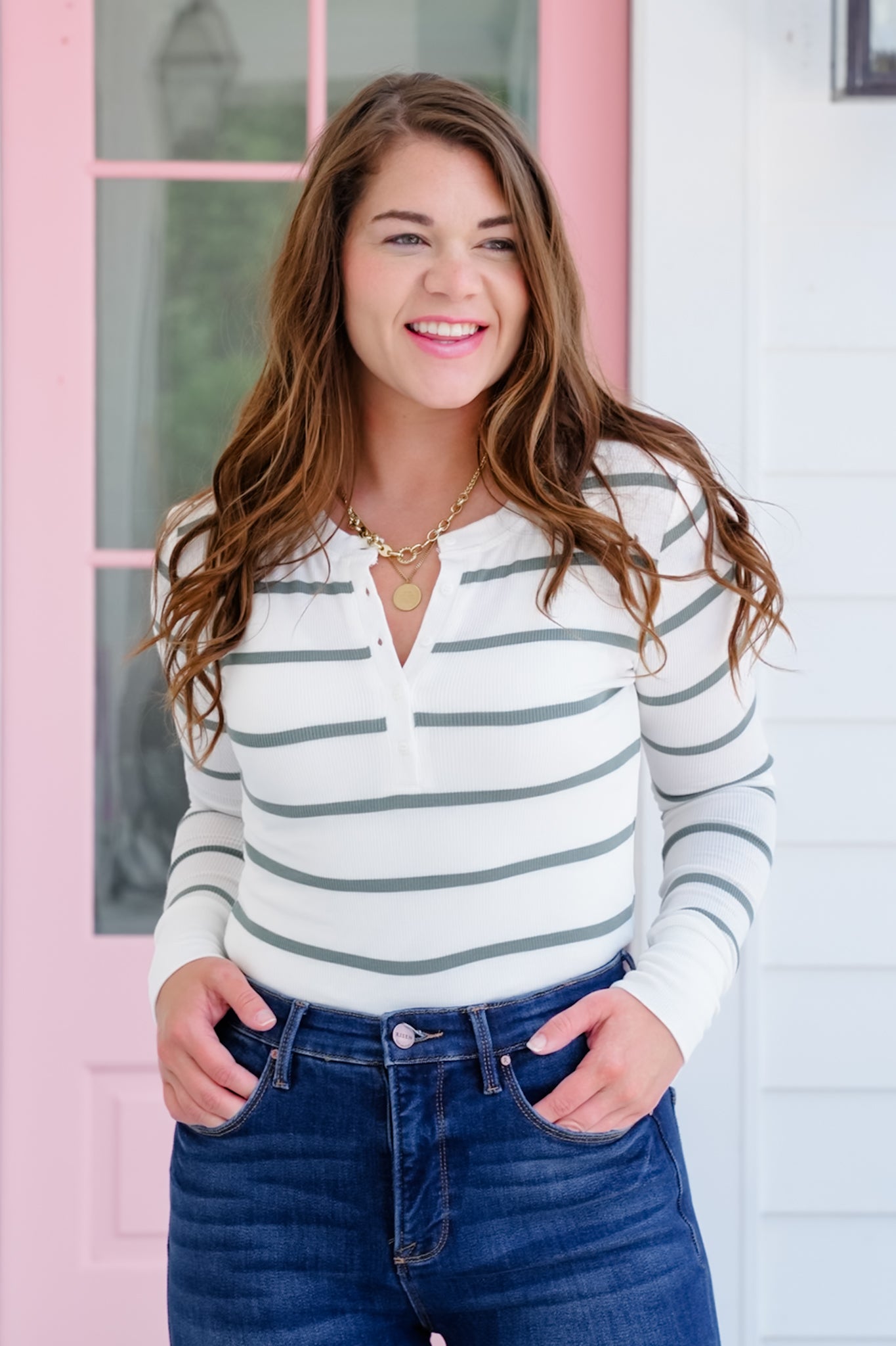 Ribbed Stripe Long Sleeve Button Up Top