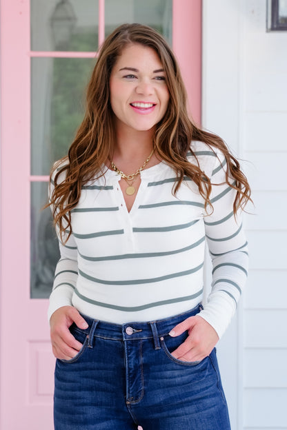 Ribbed Stripe Long Sleeve Button Up Top