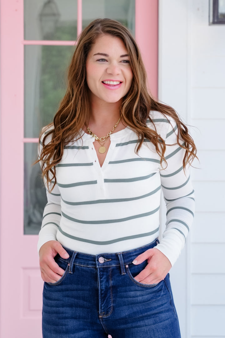 Ribbed Stripe Long Sleeve Button Up Top