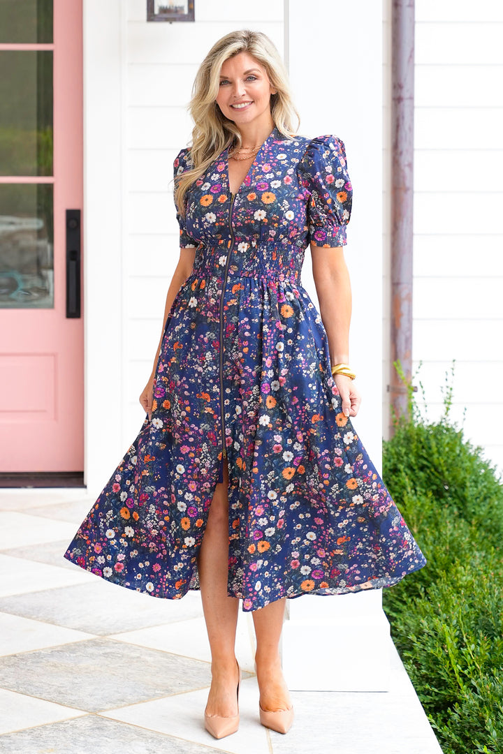 Floral Short Sleeve Zip-Up Maxi Dress