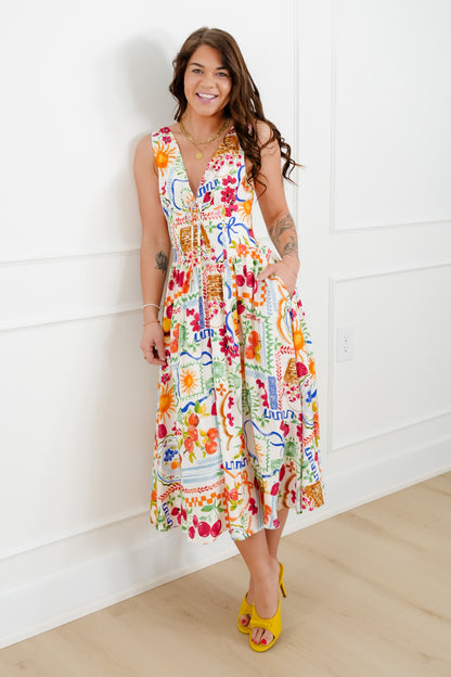Print Sleeveless Double V Neck Midi Dress