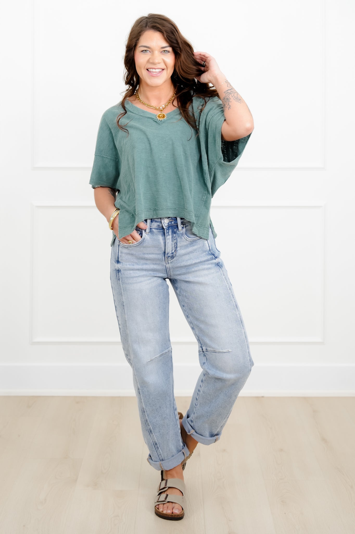 Door Buster! Acid Washed Short Sleeve V Neck Top