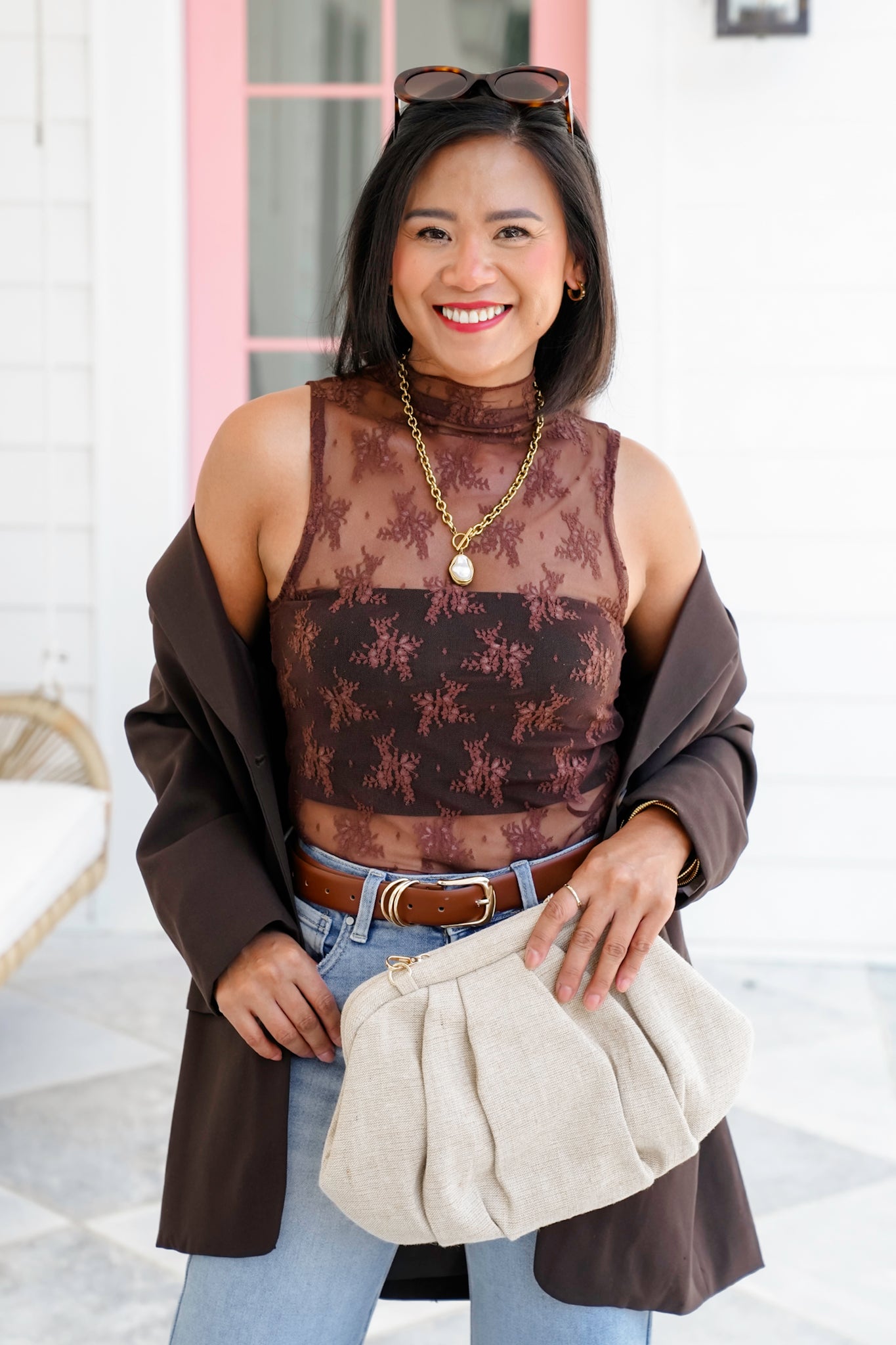 Lace Sleeveless Mock Neck Top