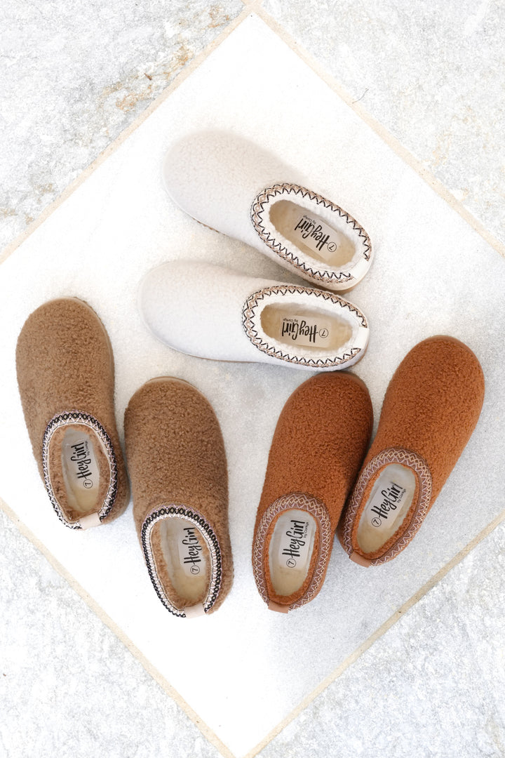 Corky's "Sleepy Head" Cozy Shearling Slip On Slippers with Embroidered Trim