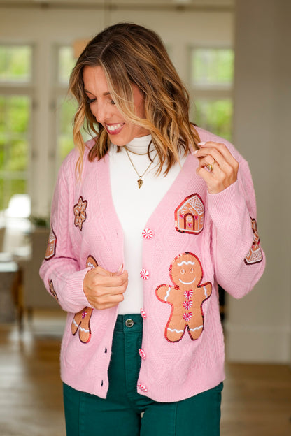 Plus/Reg Gingerbread Man Long Sleeve Button Cardigan