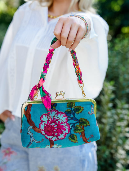 Floral Turquoise Velveteen Shoulder Bag with Scarf Accent - Freckled Poppy