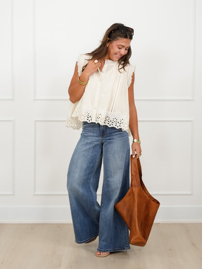 Sleeveless Pleated Button Down Top with Eyelet Trim