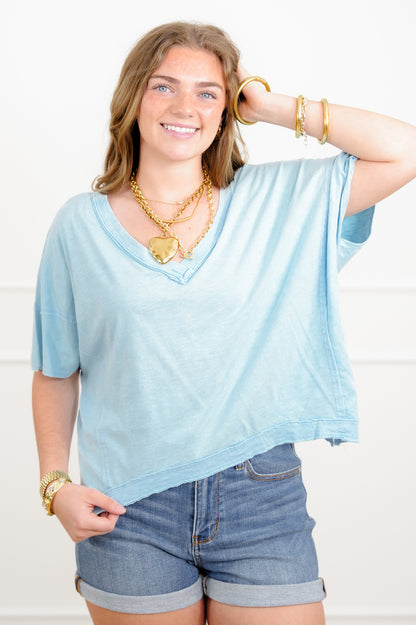 Door Buster! Acid Washed Short Sleeve V Neck Top