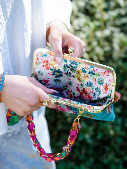 Floral Turquoise Velveteen Shoulder Bag with Scarf Accent - Freckled Poppy