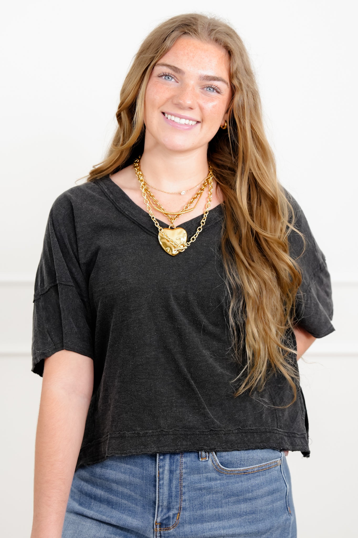 Door Buster! Acid Washed Short Sleeve V Neck Top
