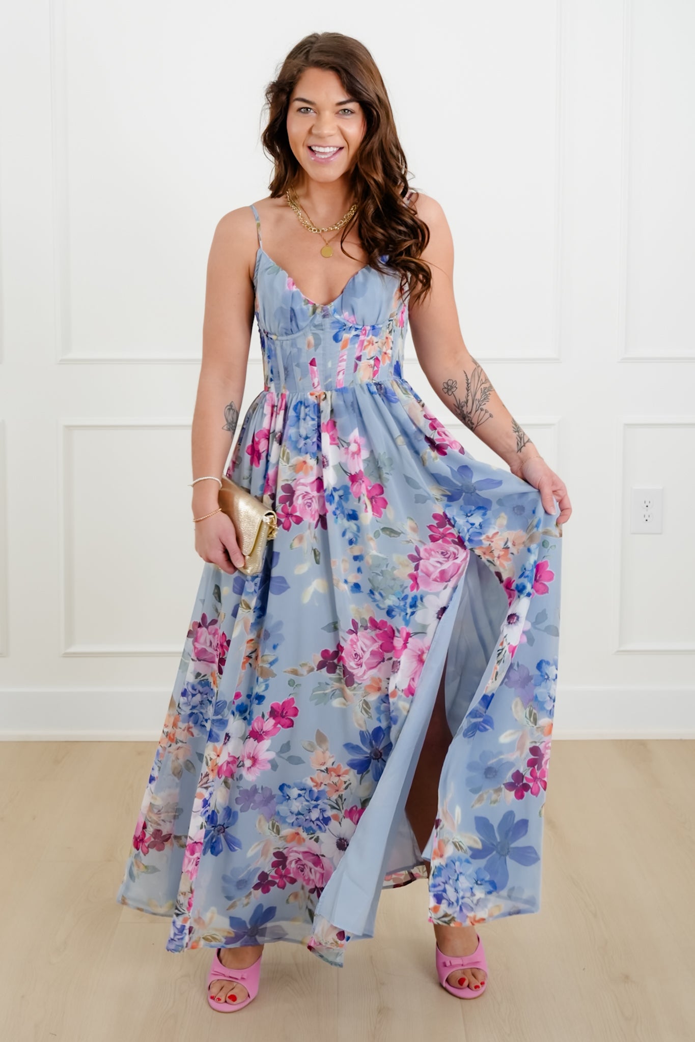 Floral Print Sleeveless Corset Maxi Dress S