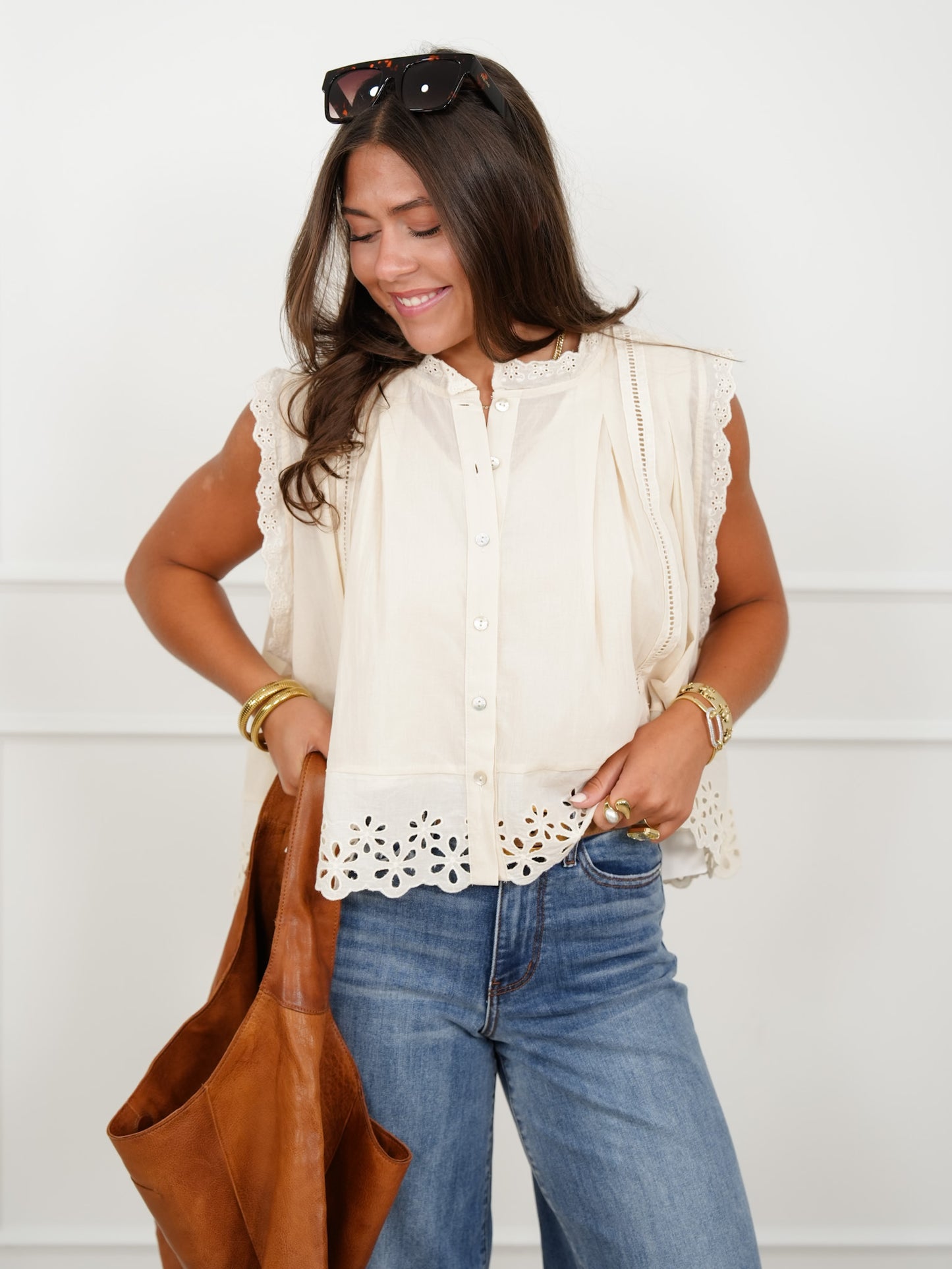 Sleeveless Pleated Button Down Top with Eyelet Trim