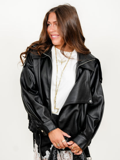 Vegan Leather Long Sleeve Zip Up Bomber Jacket