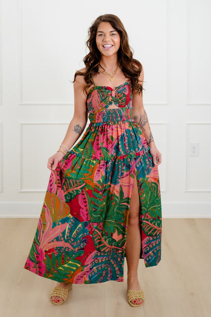 Tropical Print Sleeveless Smocked Bodice Maxi Dress