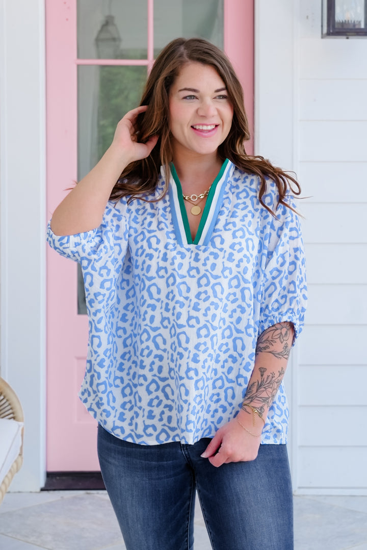 Blue Leopard Dolman Sleeve V Neck Blouse