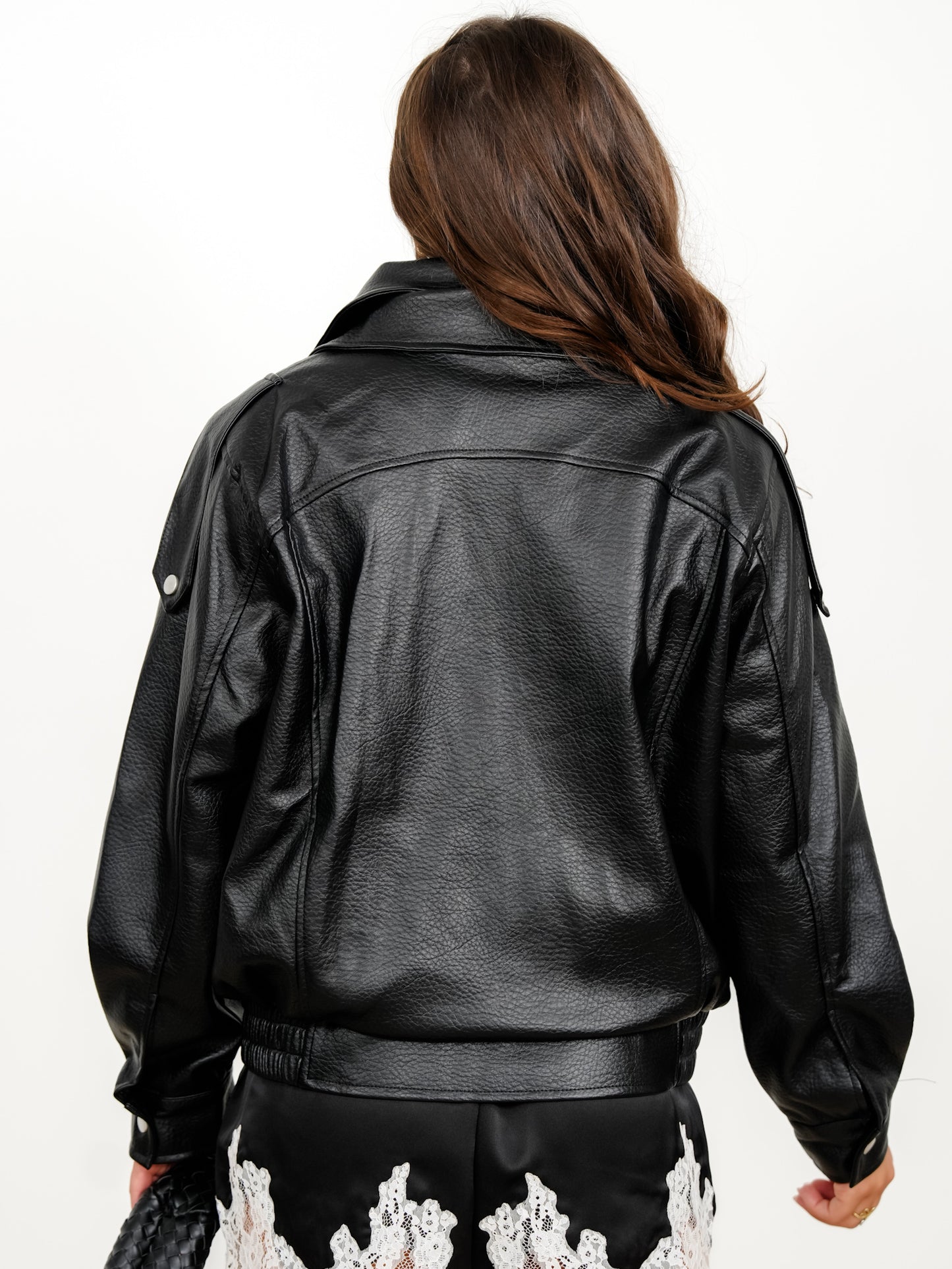 Vegan Leather Long Sleeve Zip Up Bomber Jacket