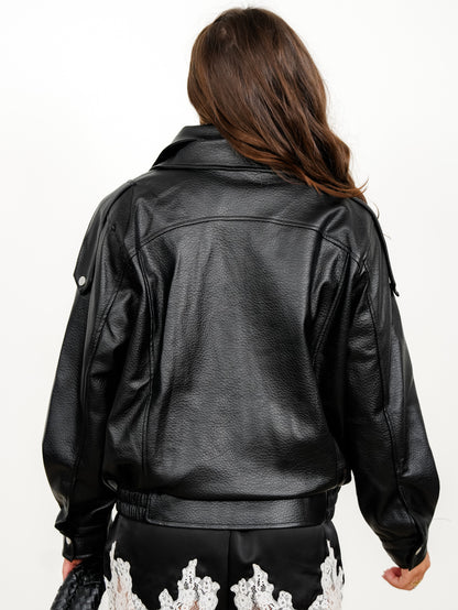 Vegan Leather Long Sleeve Zip Up Bomber Jacket