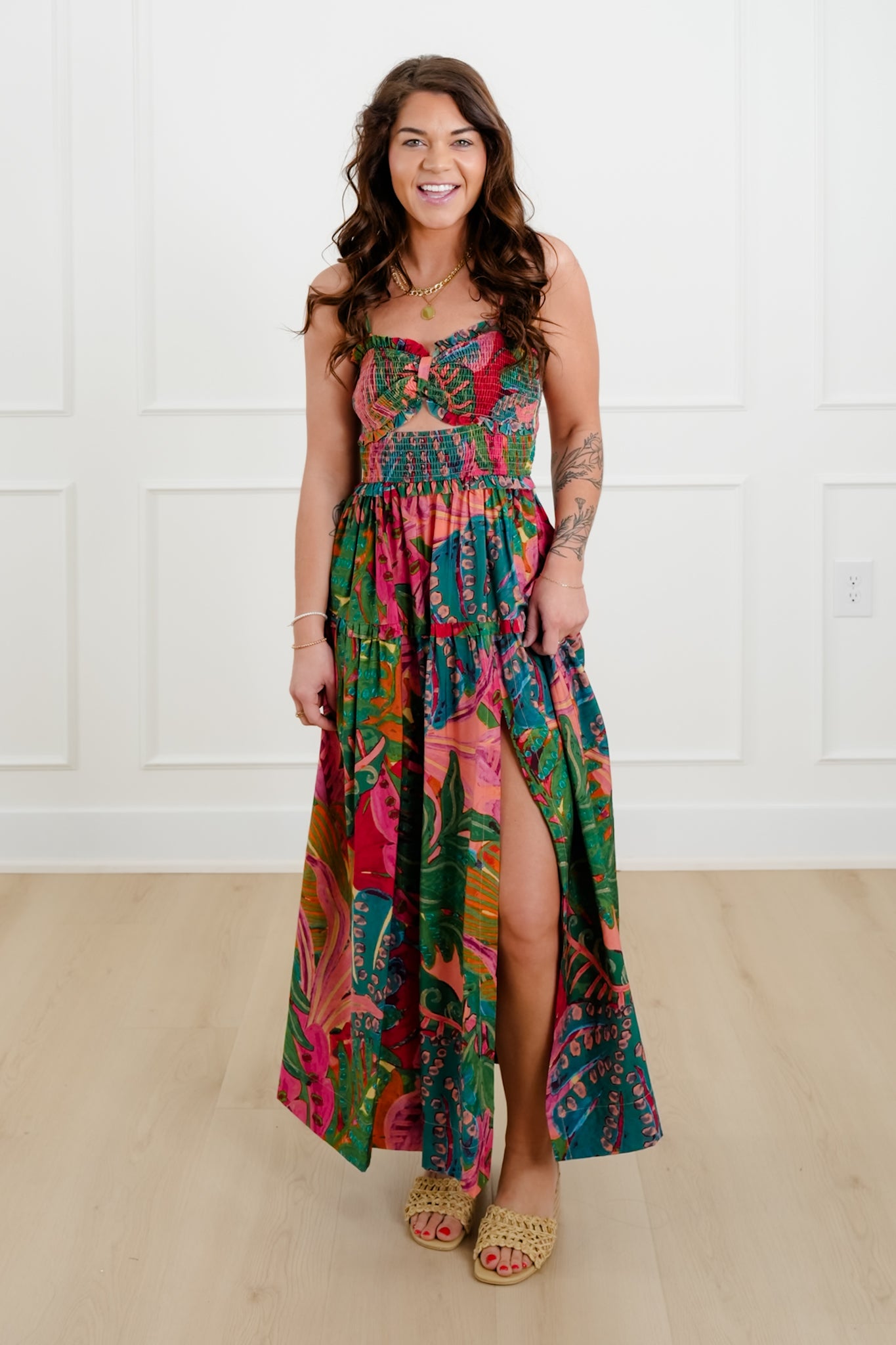 Tropical Print Sleeveless Smocked Bodice Maxi Dress