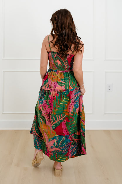 Tropical Print Sleeveless Smocked Bodice Maxi Dress