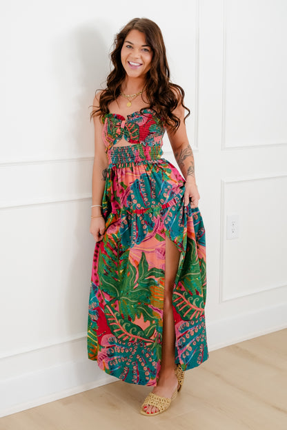 Tropical Print Sleeveless Smocked Bodice Maxi Dress