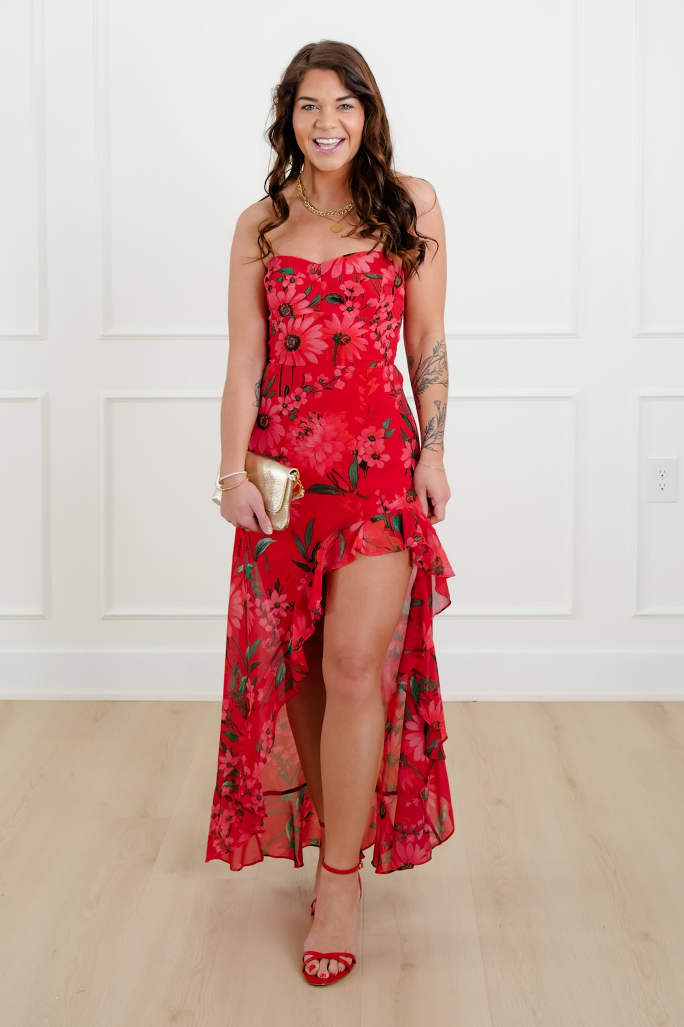 Floral Print Strapless High Low Dress