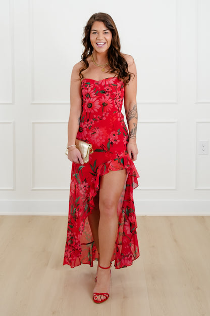 Floral Print Strapless High Low Dress
