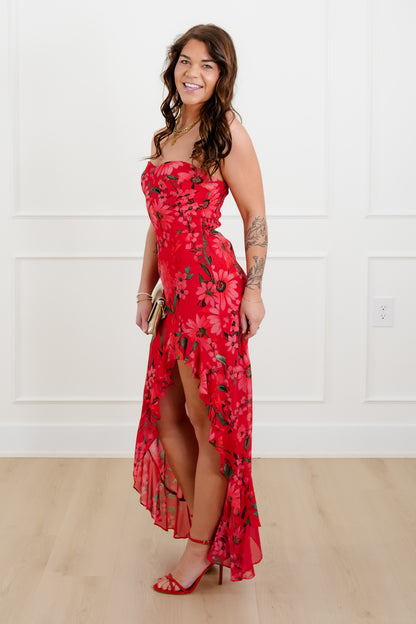 Floral Print Strapless High Low Dress