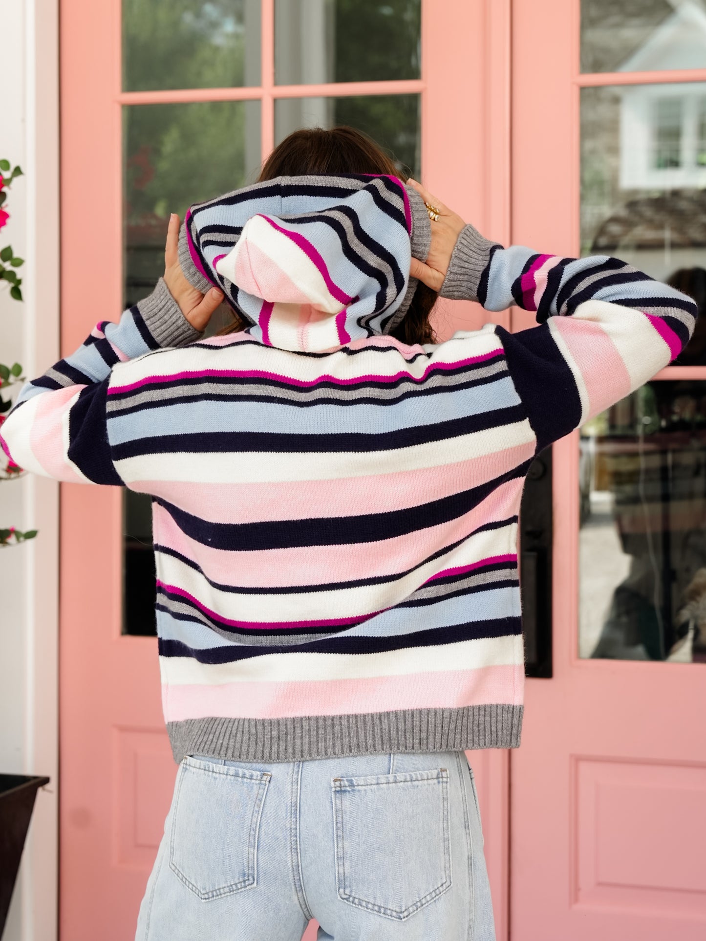 Multi Color Stripe Long Sleeve Hooded Sweater