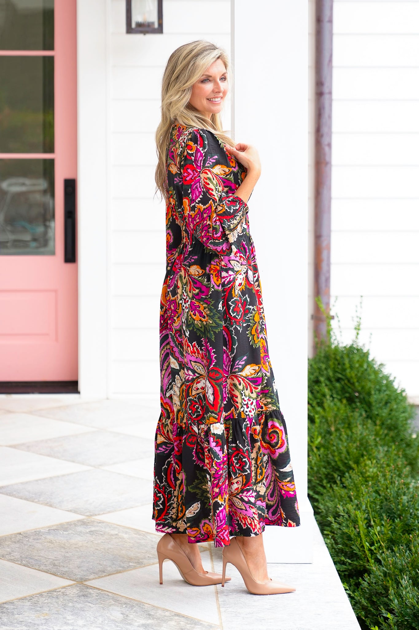 Floral Paisley Long Sleeve V Neck Maxi Dress