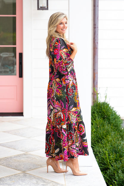 Floral Paisley Long Sleeve V Neck Maxi Dress