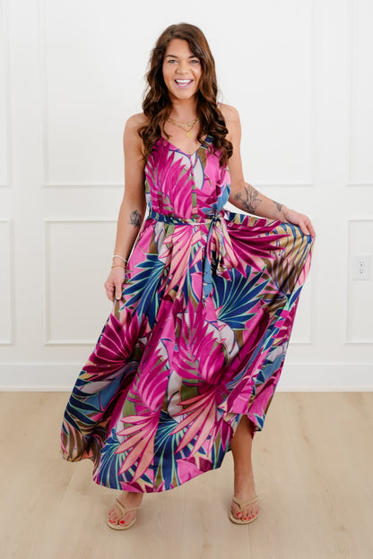 Tropical Printed Sleeveless Maxi Dress with Pockets