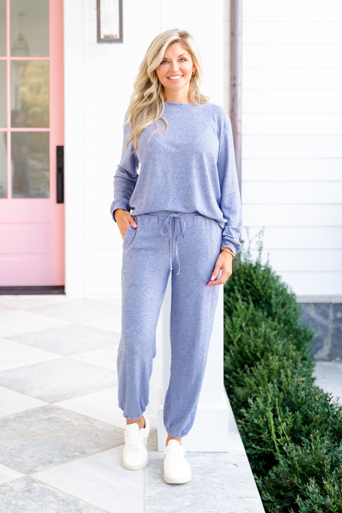 Poppy Day Door Buster! Zenana Hacci Long Sleeve Round Neck Tee & Joggers Set