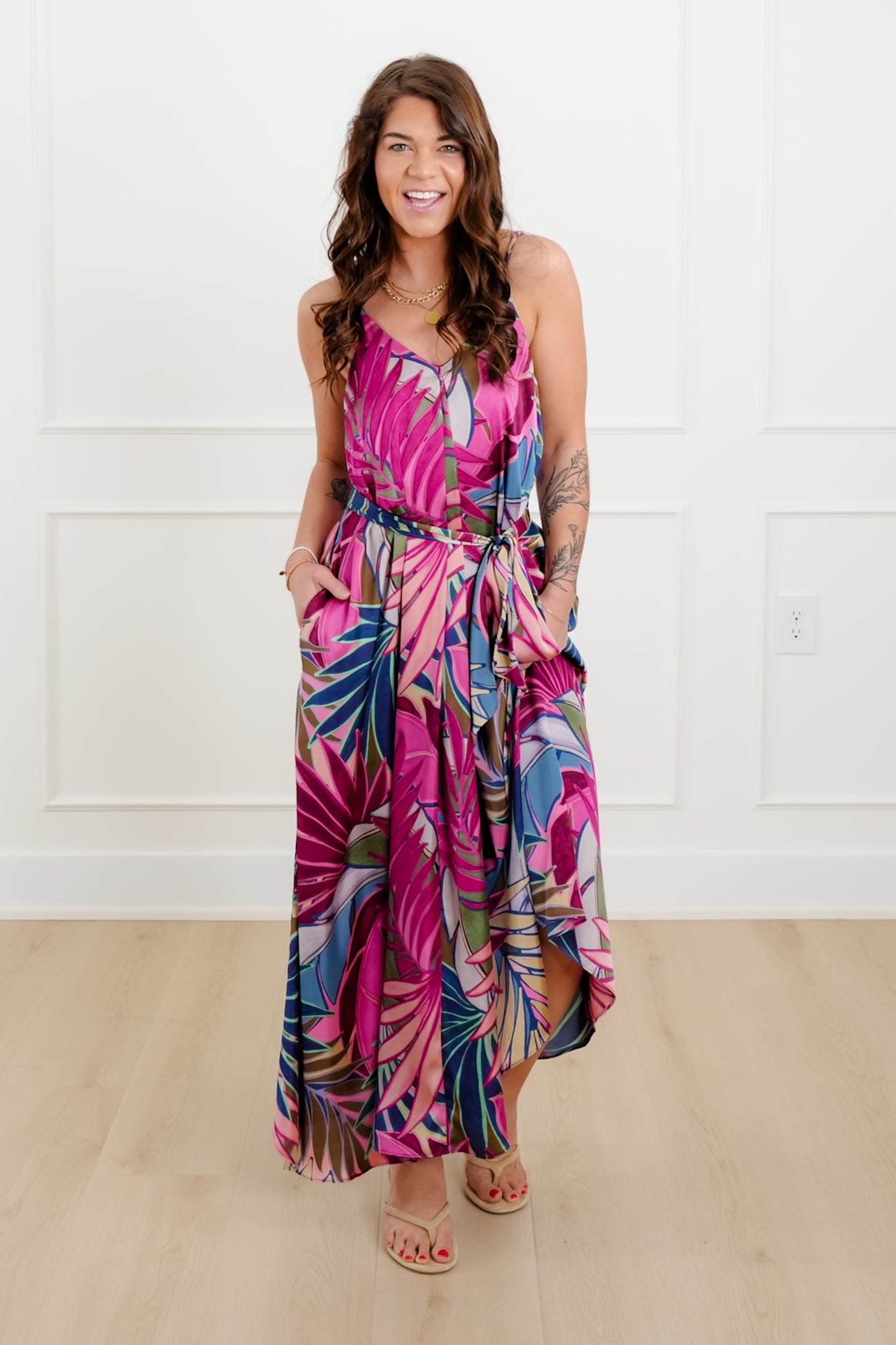 Tropical Printed Sleeveless Maxi Dress with Pockets
