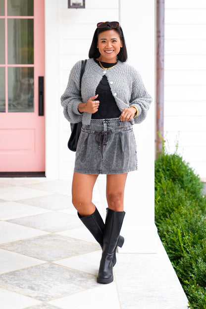 Acid Washed Mini Skirt with Tie Belt