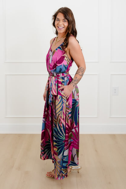 Tropical Printed Sleeveless Maxi Dress with Pockets