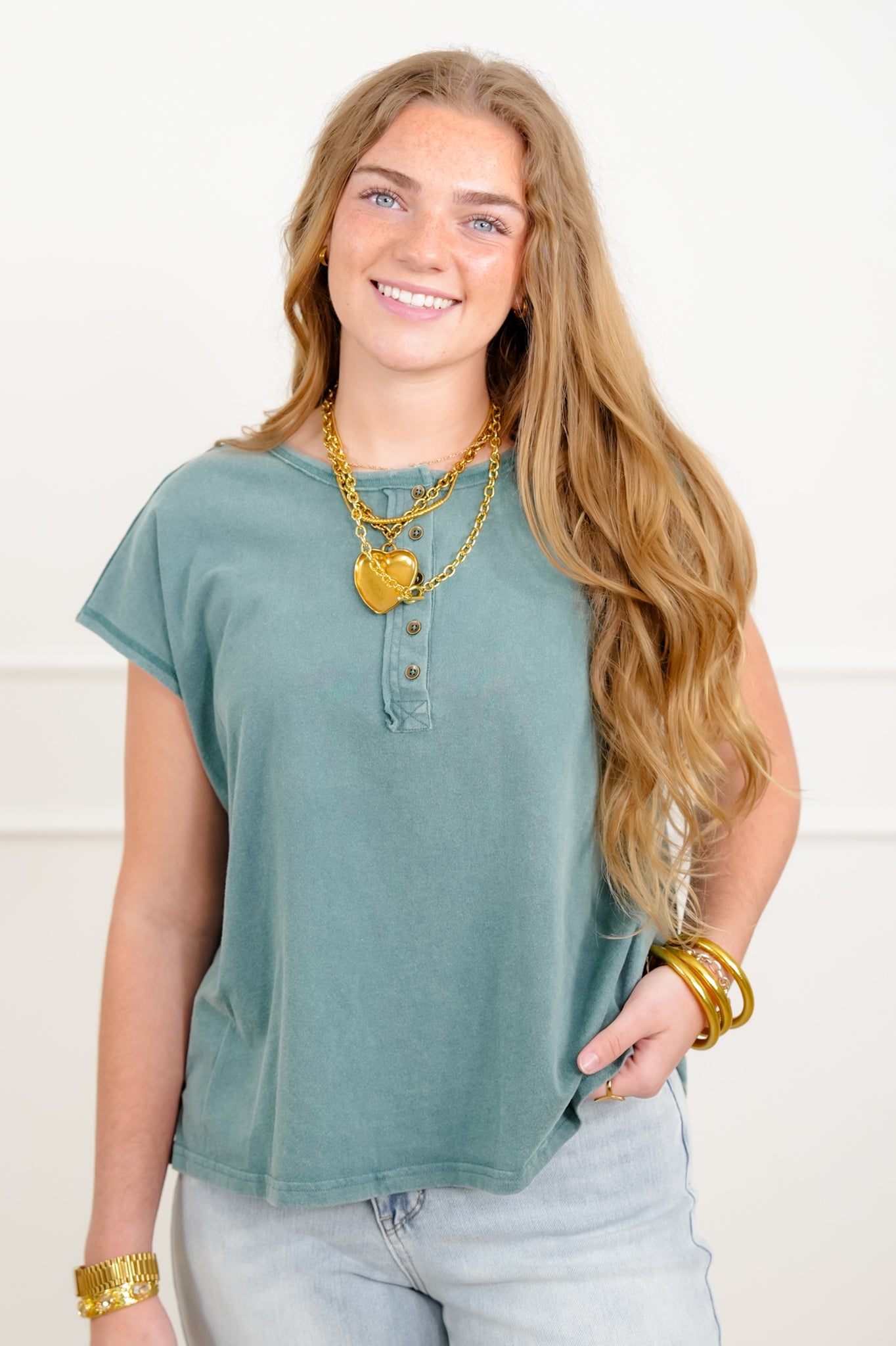 Door Buster! Washed Cap Sleeve Button Up Top