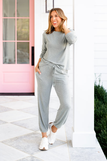 Poppy Day Door Buster! Zenana Hacci Long Sleeve Round Neck Tee & Joggers Set