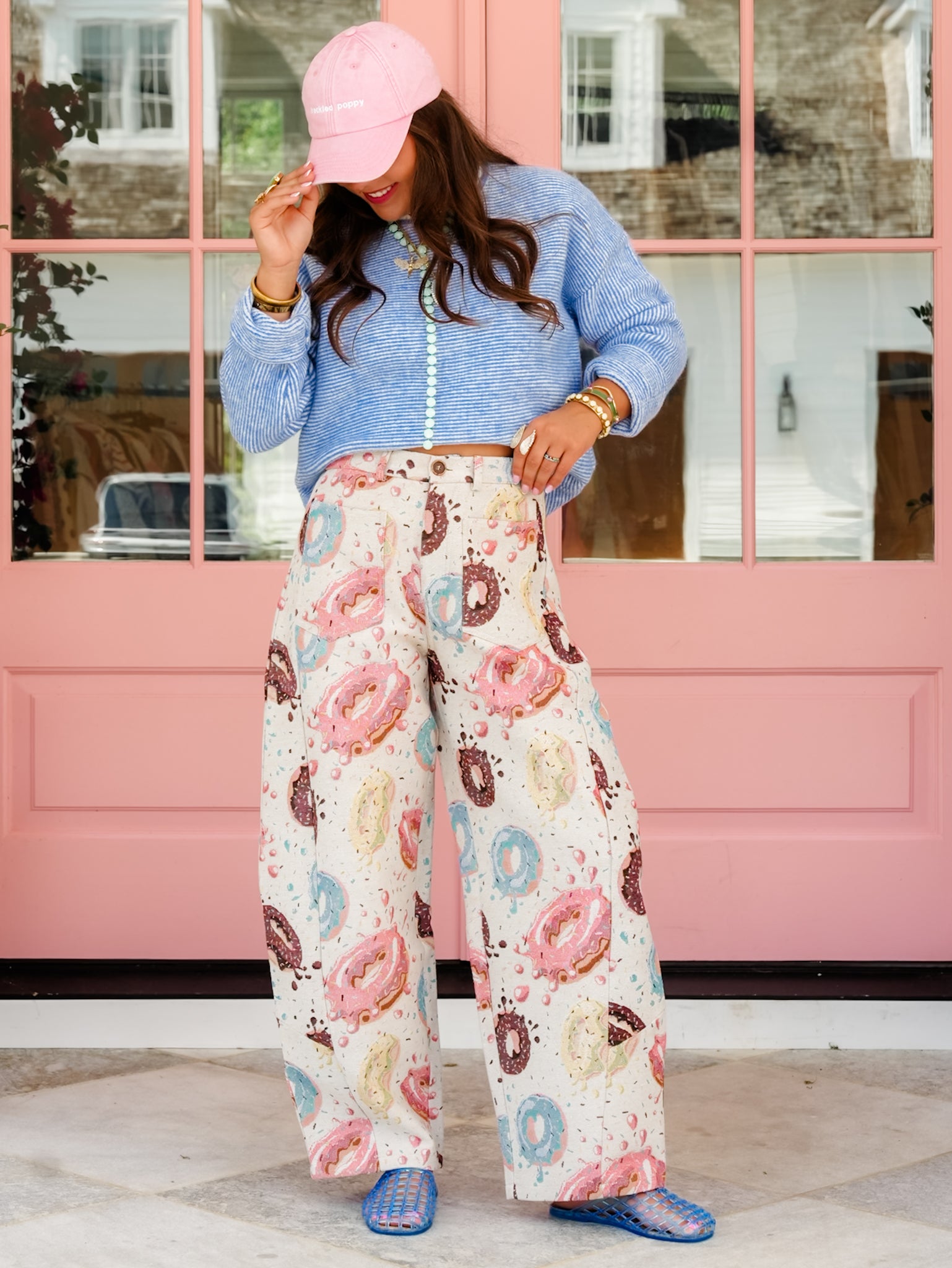 Plus/Reg Donut Print Tapestry Barrel Leg Pants - Freckled Poppy
