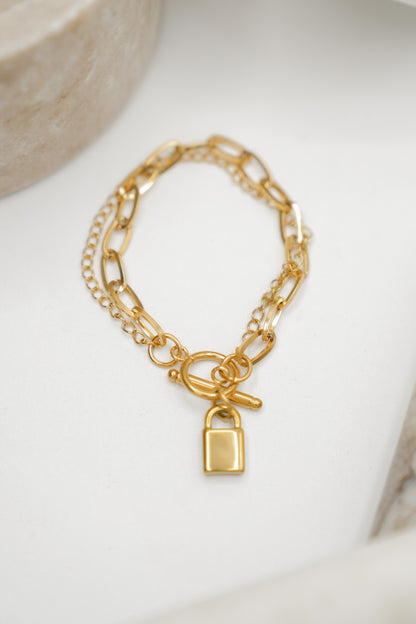 18k Non-Tarnish Stainless Steel Chain Lock Charm Bracelet