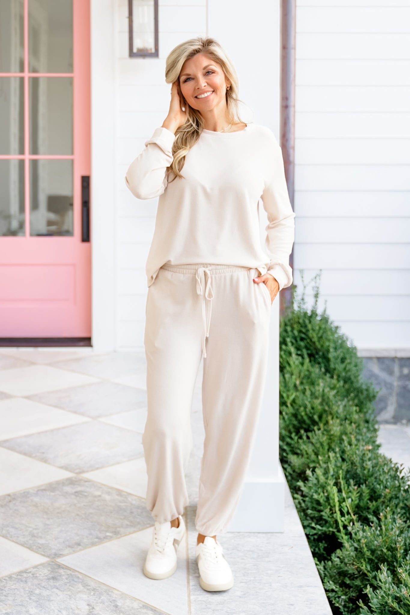 Poppy Day Door Buster! Zenana Hacci Long Sleeve Round Neck Tee & Joggers Set