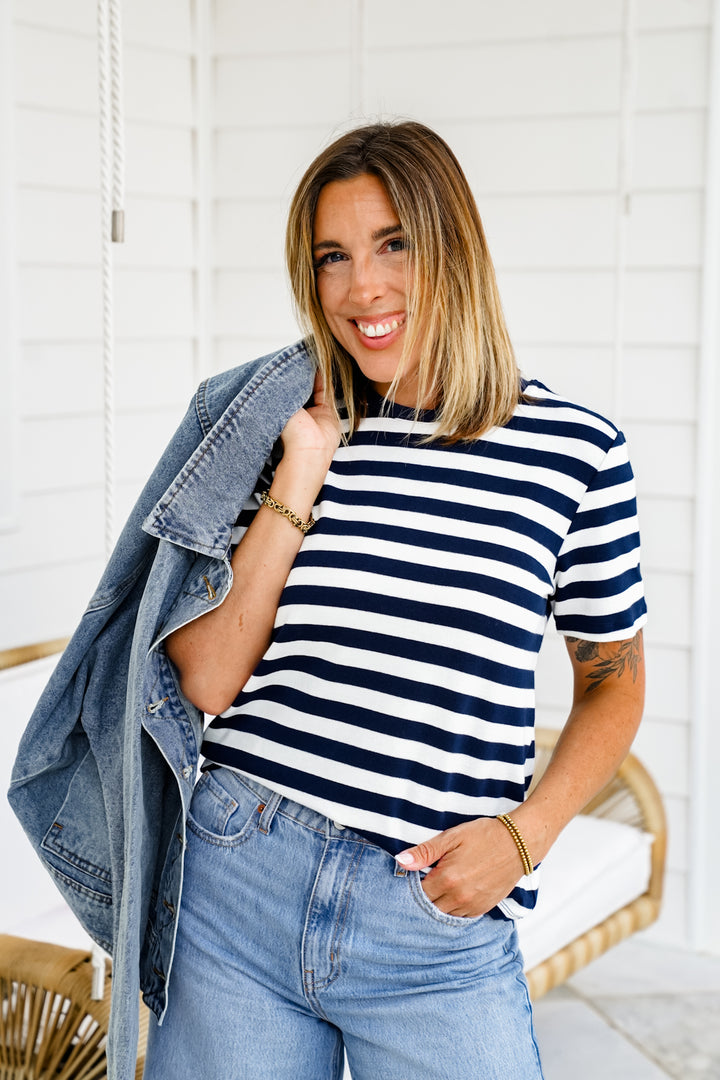Striped Short Sleeve Round Neck Top
