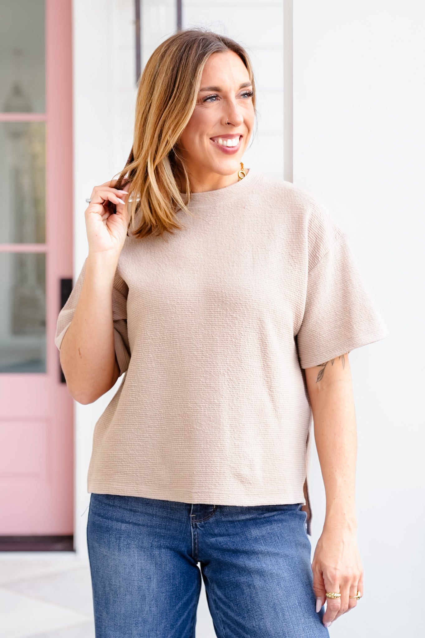 Poppy Day Door Buster! Plus/Reg Zenana Double Knit Side Slits Hi Low Short Sleeve Top