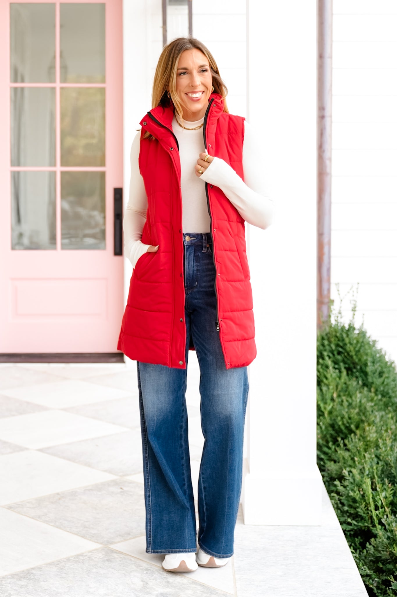 Plus/Reg Red Sleeveless Button Down Long Vest