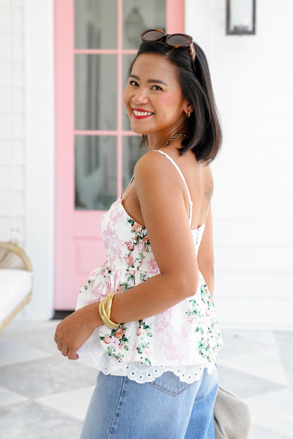 Floral Sleeveless Peplum Top with Eyelet Hem Detail