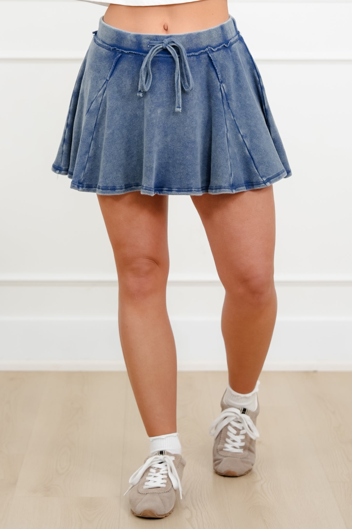 Acid Washed Elastic Waist Flowy Skort