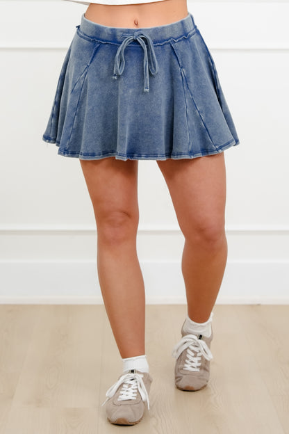 Acid Washed Elastic Waist Flowy Skort