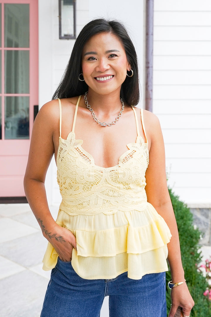 Yellow Sleeveless Layered Crop Top with Lace Detail