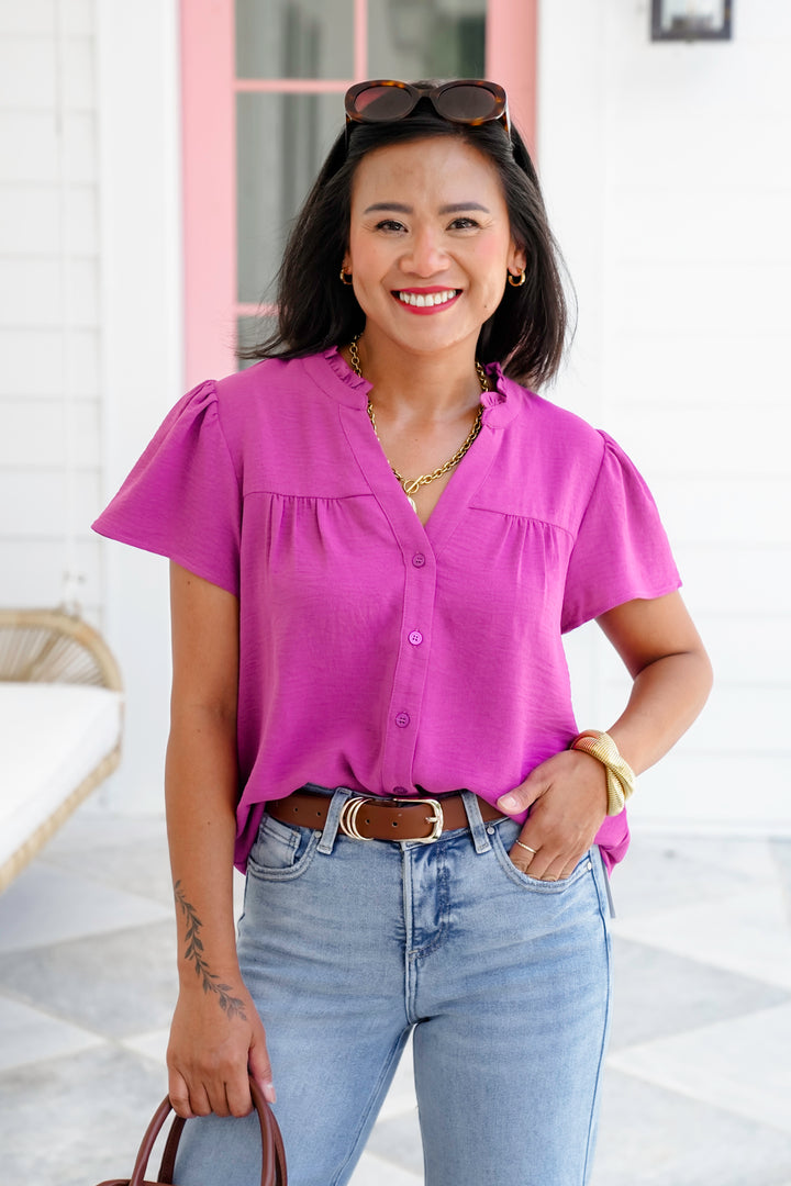 Solid Crinkled Short Sleeve V-Neck Button Up Blouse