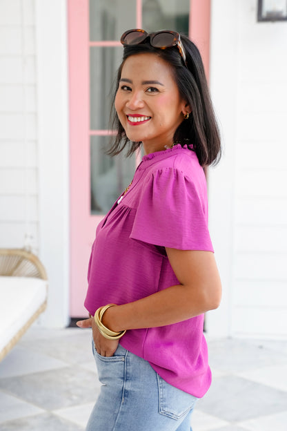Solid Crinkled Short Sleeve V-Neck Button Up Blouse