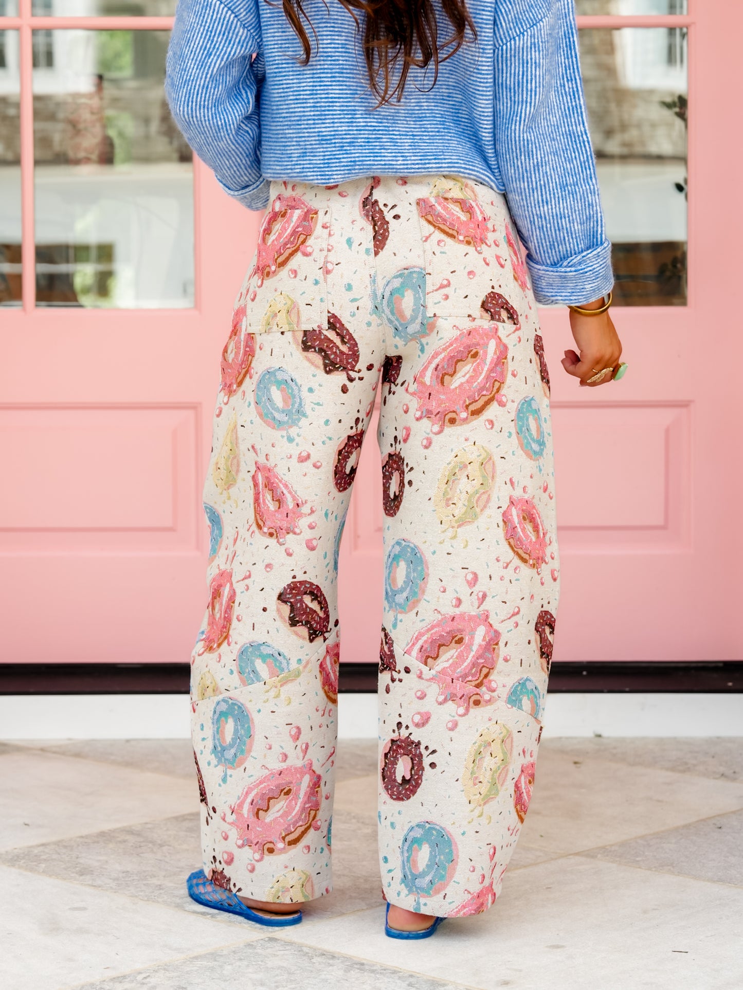 Plus/Reg Donut Print Tapestry Barrel Leg Pants - Freckled Poppy